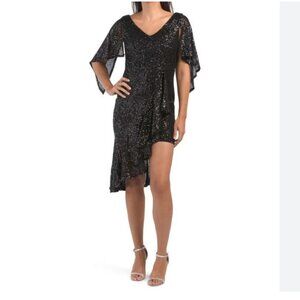 DALIA MACPHEE BLACK SEQUIN FLUTTER SLEEVE RUFFLE COCKTAIL EVENING DRESS - L